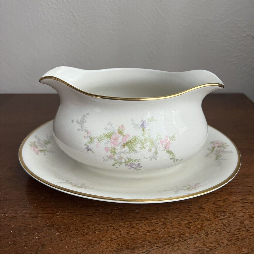 Kirk Gravy Boat w Attached Plate Pink Rose Vintage
